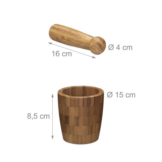 relaxdays stamper en vijzel bamboe in set, bamboehout, stampen, vermalen, hout