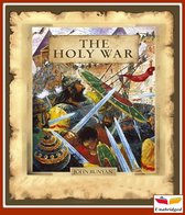 De kaft van 'The Holy War' door John Bunyan toont een gevecht met zwaarden en schilden, met soldaten in harnassen en een kasteel op de achtergrond.