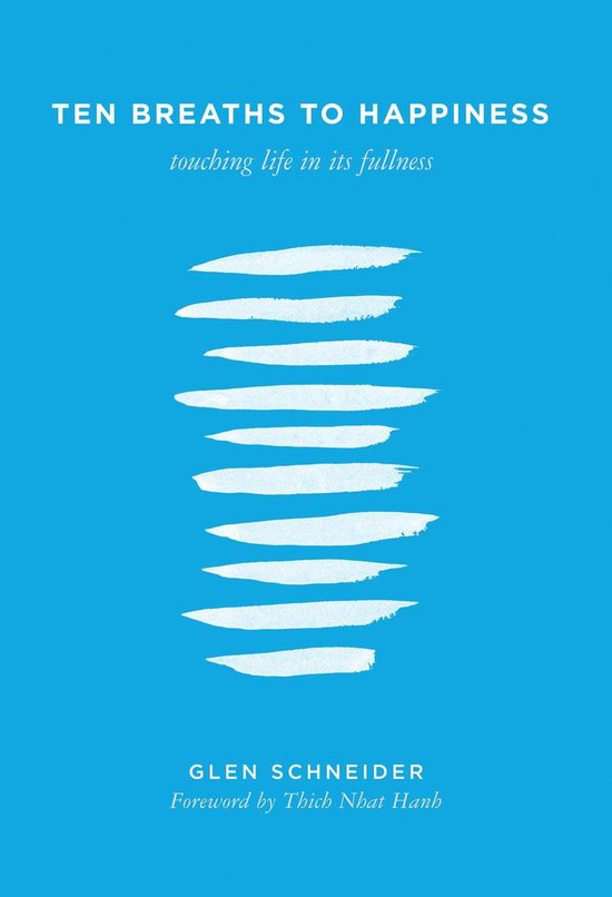 Boek 'Ten Breaths to Happiness' met witte strepen op een blauwe achtergrond.