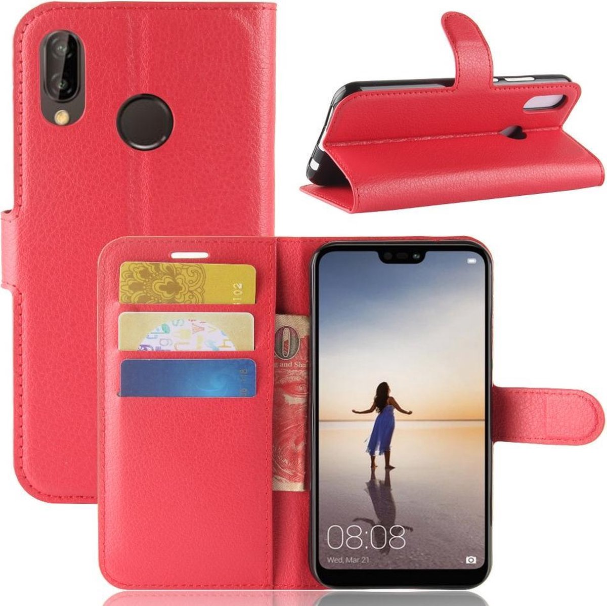 Book Case - Geschikt voor Huawei P20 Lite Hoesje - Rood