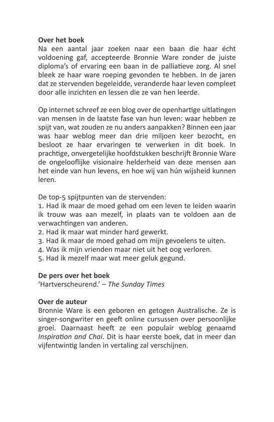 Tekst over het boek 'Als ik het leven over mocht doen' en de auteur Bronnie Ware.