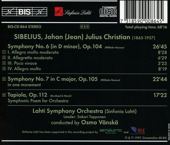 CD hoes met tekst "SIBELIUS, Johan (Jean) Julius Christian", "Symphony No. 6 (in D minor), Op. 104", "Symphony No. 7 in C major, Op. 105", "Tapiola, Op. 112".