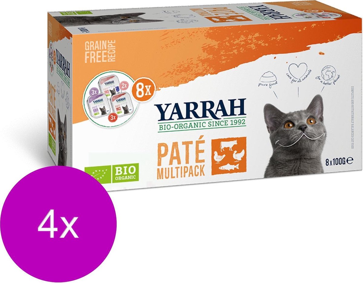 Yarrah Bio Kat Mult-Pack Alu Kuip - Kip, Kalkoen & Rund - Kattenvoer - 4 x (8 x 100 g) NL-BIO-01
