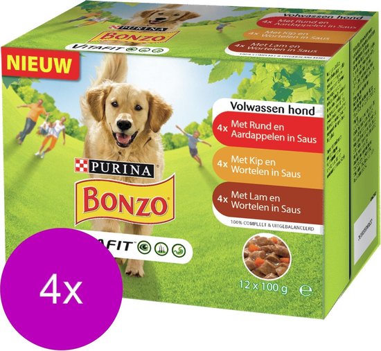 Bonzo Pouch Vitafit Adult - Hondenvoer - Rund en Aardappelen, Kip en Wortelen en Lam en Wortelen in Saus - 12x100 g
