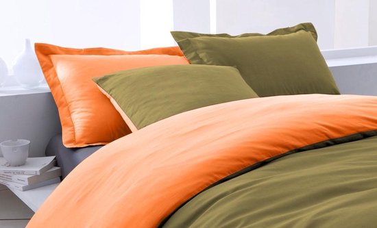 SENZA DONNA Housse de couette 100% Katoen percaline Uni Double Face 200x200 / 220-2x60x70 cm (240 cm de long) ARMY GREEN / ORANGE