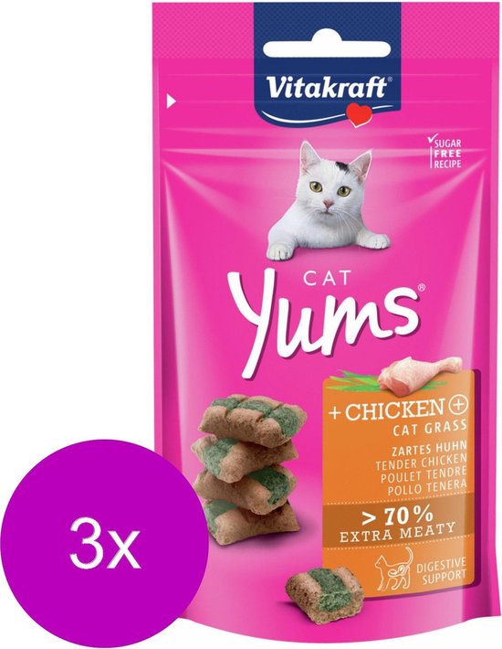 Vitakraft Cat Yums Kip & Kattengras - Kat - Snack - 3 x 40 gr