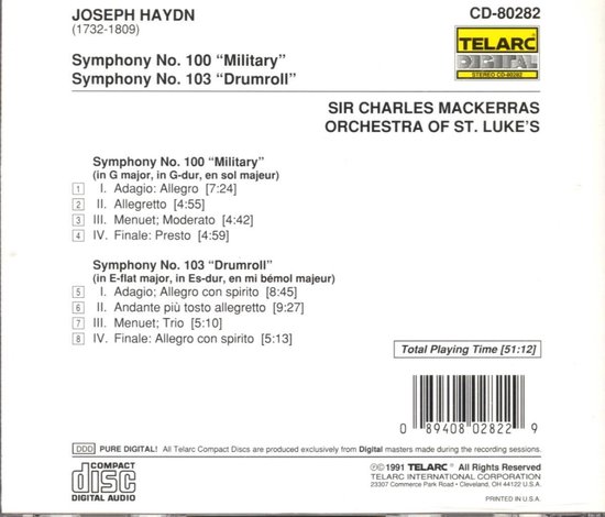 Haydn: Symphonies 100 & 103 / Mackerras, Orch of St Luke's - Orchestra Of St. Luke'S