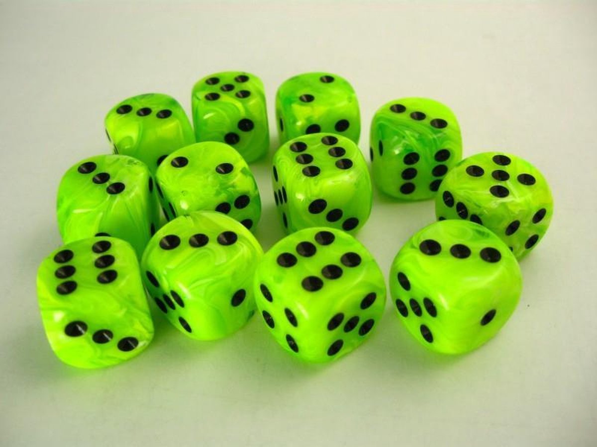 Chessex Vortex Bright Green/black D6 16mm Dobbelsteen Set (12 stuks)