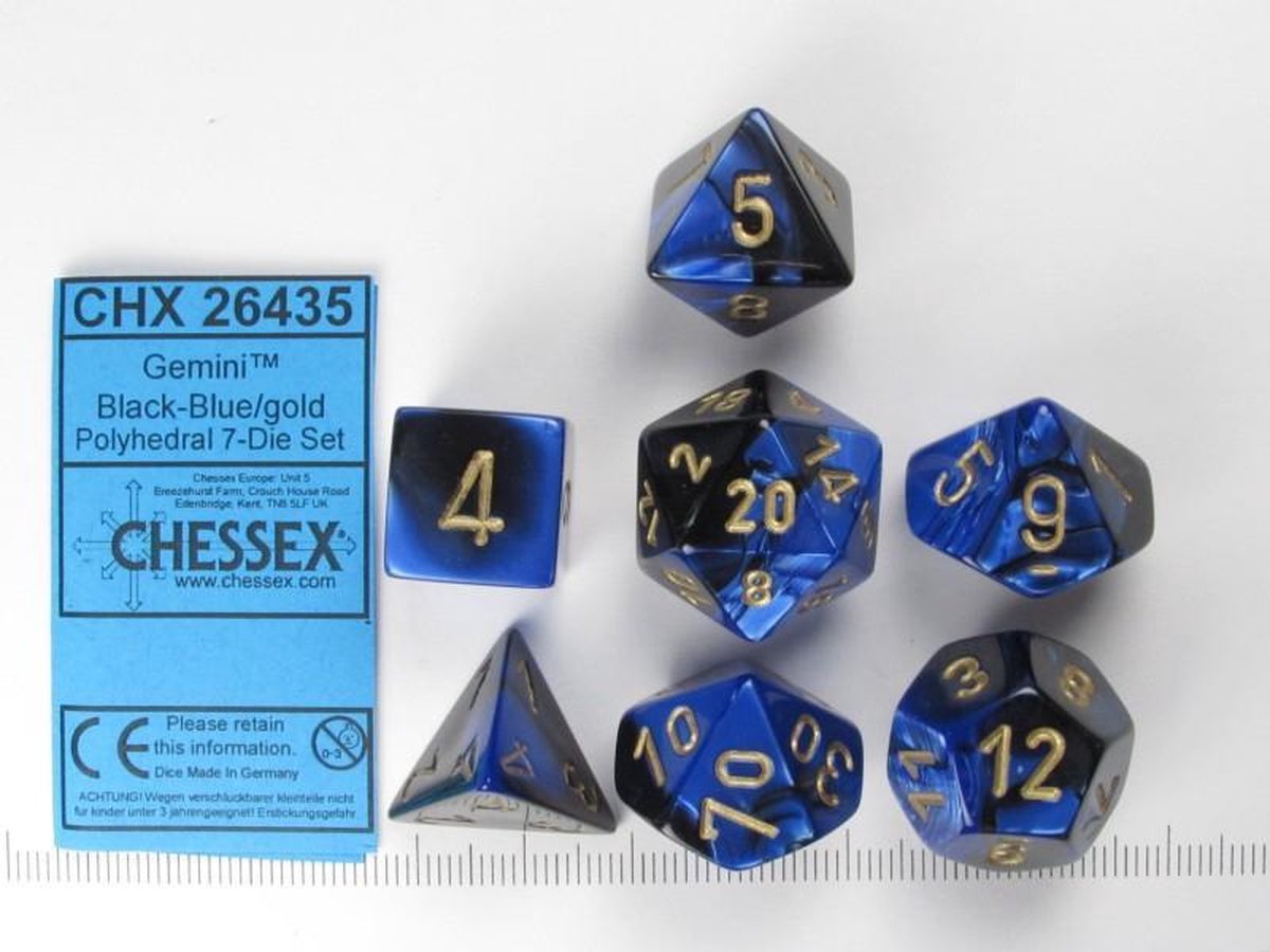 Chessex Tweeling Zwart-Blauw/Goud Polydice Dobbelsteen Set (7 stuks)