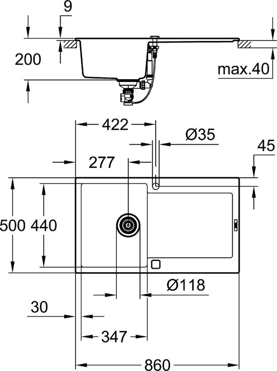 pauze fee Absurd GROHE K500 Composiet Spoelbak met afdruipgedeelte - 86cm - Inbouw - Met  overloop en... | bol.com