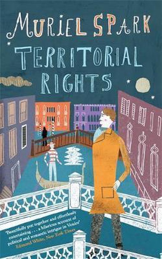 Boek 'Territorial Rights' van Muriel Spark, met een illustratie van Venetië en een man in een oranje jas.
