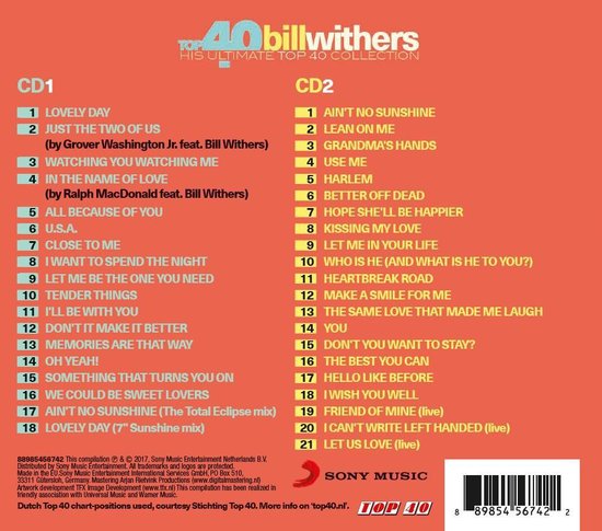 Tracklist van Bill Withers Top 40 collectie, CD1 & CD2.