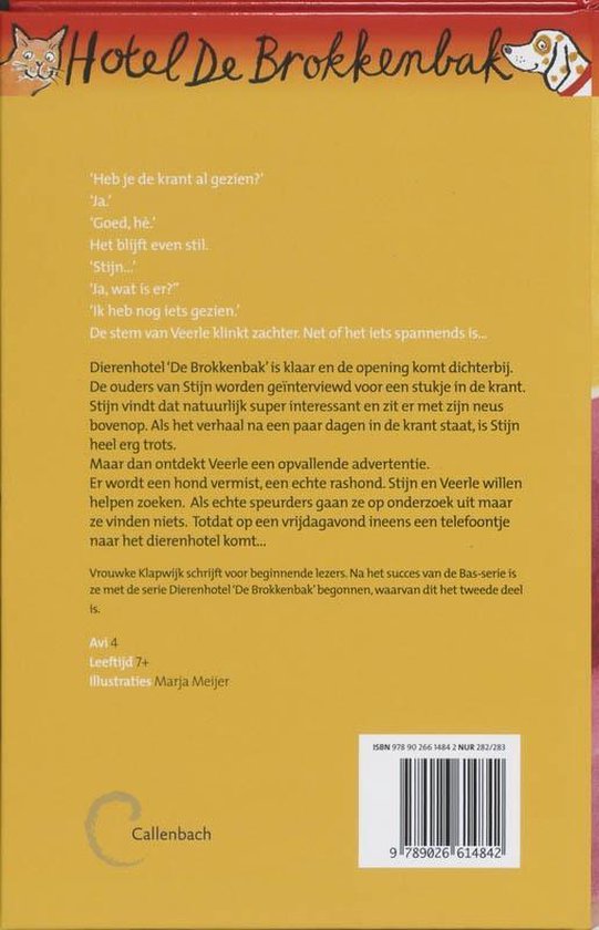 Achterkant van het boek 'Hotel De Brokkenbak'. Met kat, hond en tekst over het verhaal.