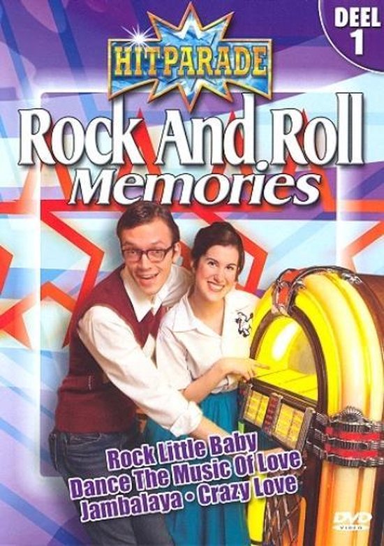 Twee jonge mensen in jaren '50 kleding bij een jukebox, met de tekst 'Rock And Roll Memories'.
