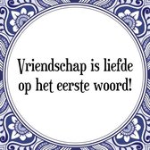 Tegeltje met Spreuk (Tegeltjeswijsheid): Vriendschap is liefde op het eerste woord! + Kado verpakking & Plakhanger