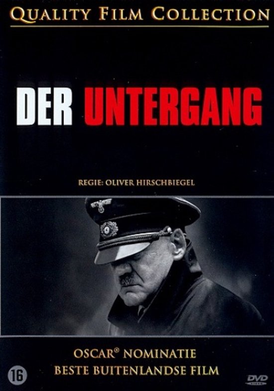 DVD-hoes "Der Untergang". Zwart met rode tekst. Een portret van Adolf Hitler in uniform.