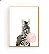 Postercity - Design Canvas Poster Zebra met Kauwgom / Kinderkamer / Babykamer - Kinderposter / Babyshower Cadeau / Muurdecoratie / 50 x 40 cm