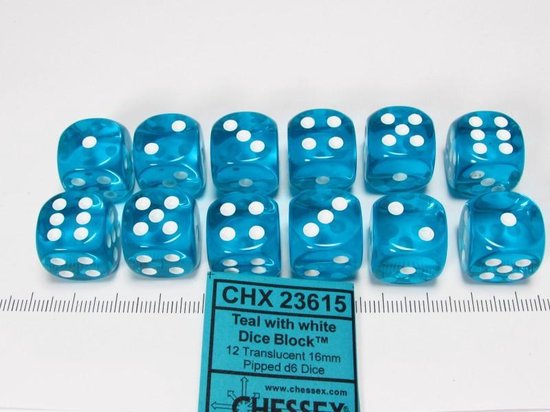 Chessex 12 X D6 Set Translucent 16mm Tealwhite Bol