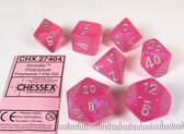 Chessex dobbelstenen set, 7 polydice, Borealis pink w/silver
