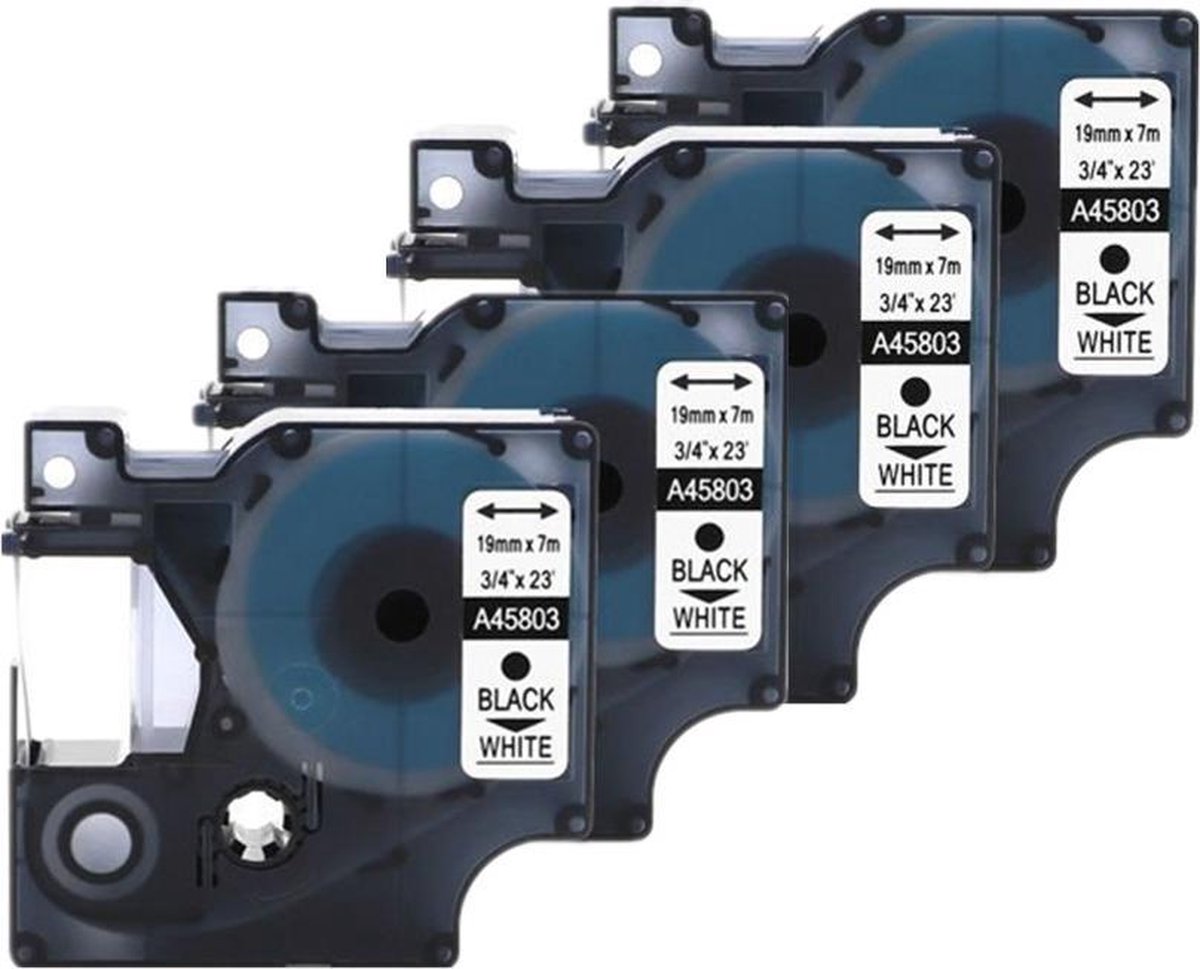 4x Compatible voor Dymo 45803 Standard Label Tape - Zwart op Wit - 19mm