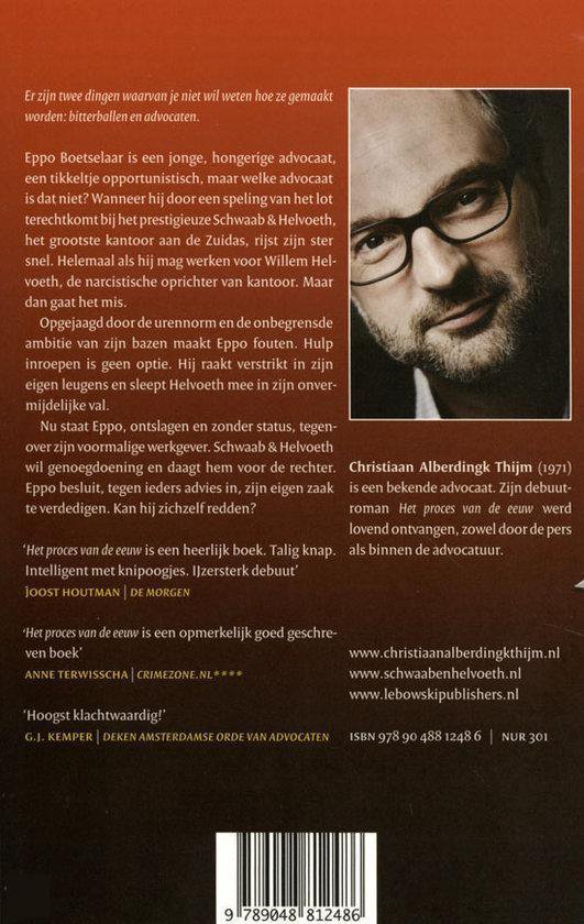 Achterkant van een boek met een portret van een man en tekst over het boek en de auteur.