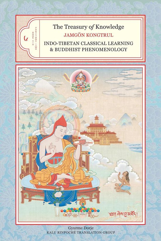 Boekomslag met de titel 'The Treasury of Knowledge' in het Engels en Tibetaans, met een Tibetaanse boeddhistische illustratie.