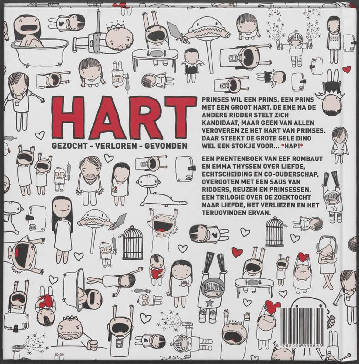 De achterkant van "Hart Gezocht - Verloren - Gevonden" met rode letters, tekst en speelse zwart-wit tekeningen.