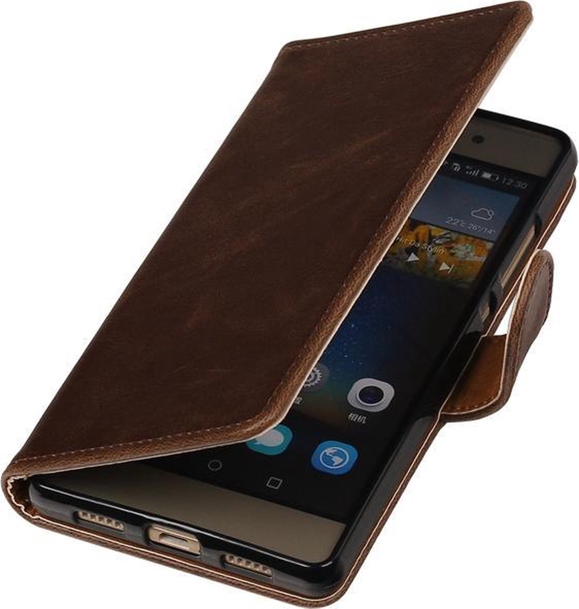 Donkerbruin vintage lederlook bookcase voor de Huawei P9 lite