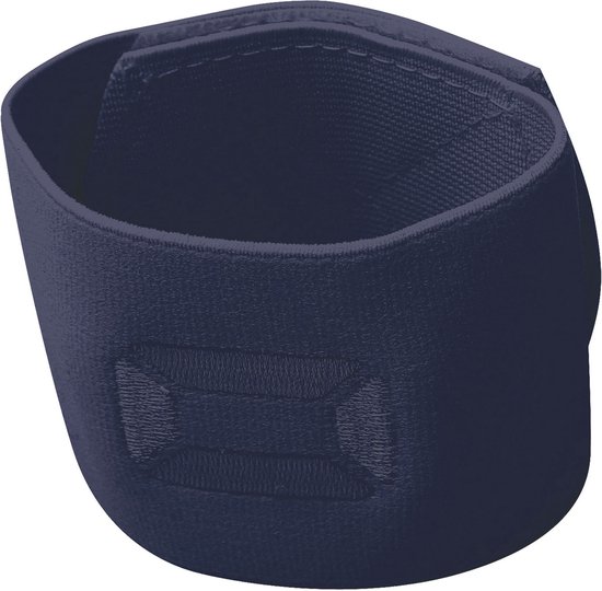 Een donkerblauwe sokophouder met verstelbare sluiting.