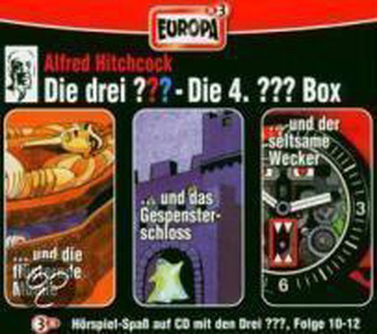 Box met 3 CD's van Alfred Hitchcock's Die Drei ???, afleveringen 10-12. De CD's heten '...en de seltsame wekker', '...und das Gespensterschloss' en '...und die'.