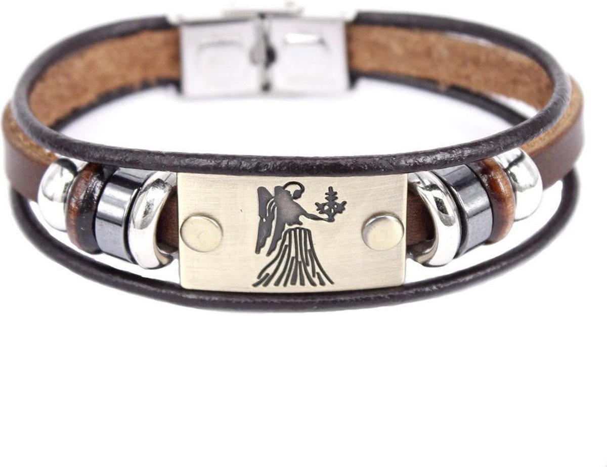 Montebello Armband Maagd - Leer - Messing - Staal - Horoscoop - 19cm