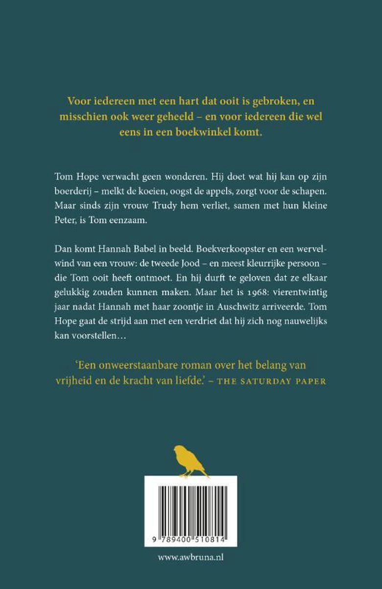 Achterkant van het boek 'De boekwinkel voor gebroken harten' met een gele vogel op de streepjescode.