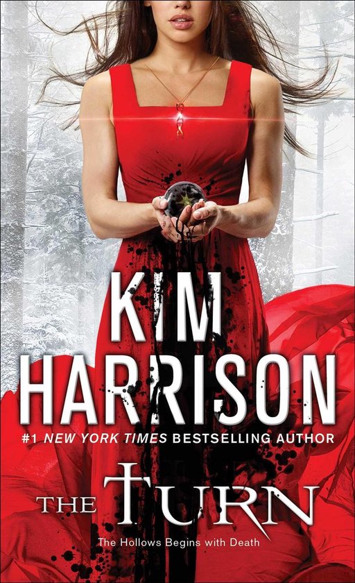 Vrouw in rode jurk met bloedspatten, houdt een glazen bol vast. Titel: KIM HARRISON THE TURN.