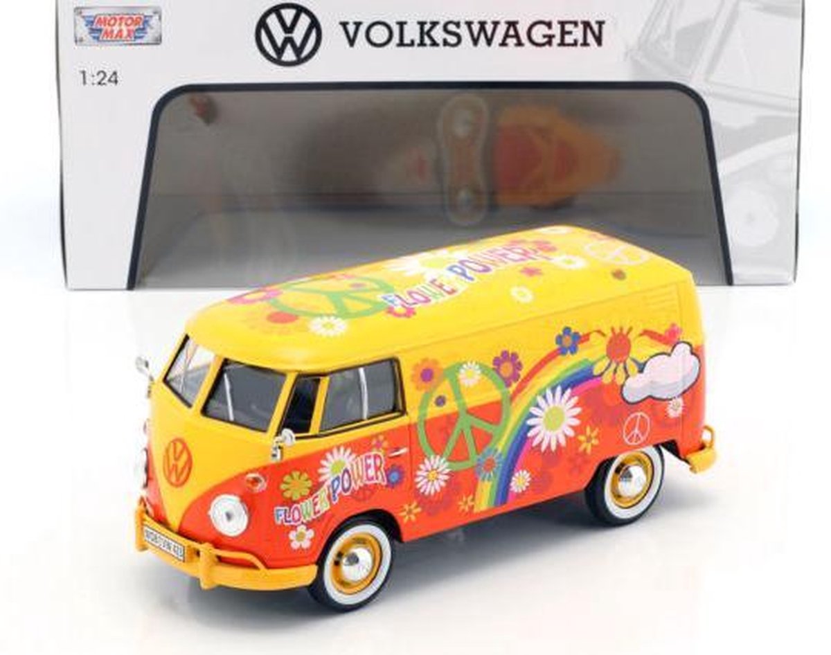 Volkswagen Type 2 T1 bus "Flower Power" Geel / Oranje 1:24 MotorMax