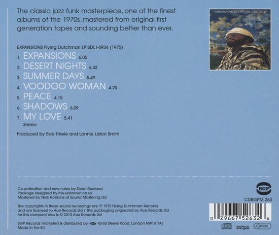 Achterkant van de 'Expansions' LP, met albumhoes, tracklist, en productiedetails. Tracklist: EXPANSIONS, DESERT NIGHTS, SUMMER DAYS, VOODOO WOMAN, PEACE, SHADOWS, MY LOVE.