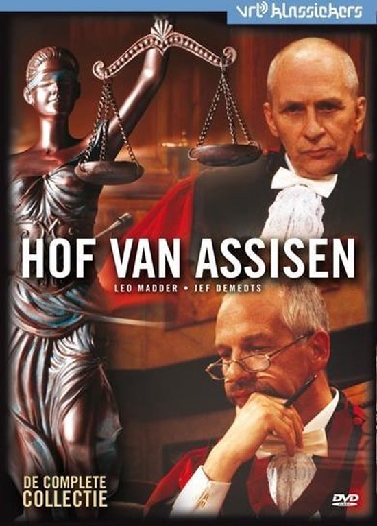 DVD-hoes met de titel 'Hof Van Assisen De Complete Collectie'. Twee mannen in toga, rechts een beeld van Justitia met weegschaal.