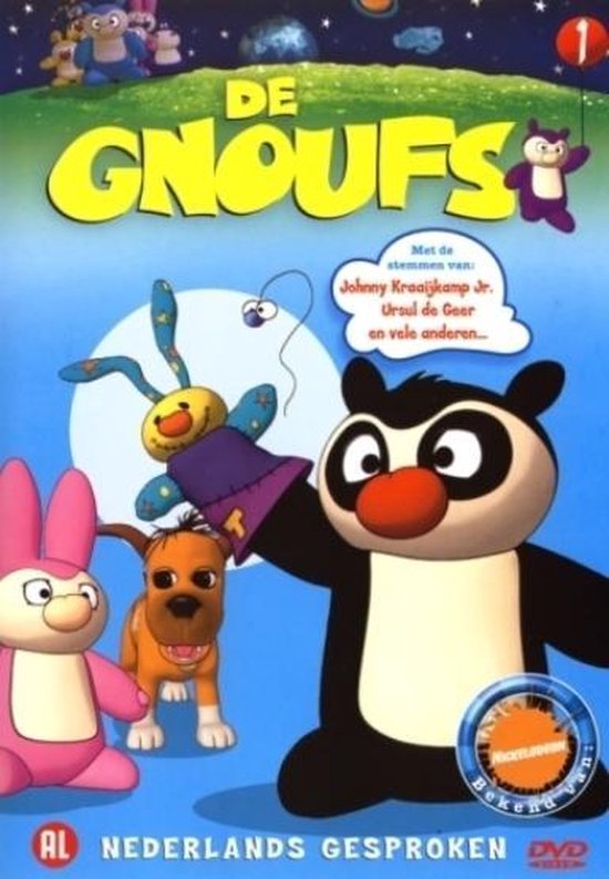 DVD-cover van 'De Gnoufs' met 3D-personages: een roze konijn, een bruine hond, een gele met blauwe sterren en paarse hoed, en een zwart-witte pandabeer met rode neus. De titel 'De Gnoufs' staat groot in gele letters bovenaan. Onderaan staat 'Nederlands gesproken'.