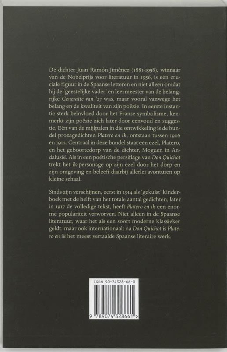 Achterkant van het boek met tekst over de dichter Juan Ramón Jiménez en het boek "Platero en ik".