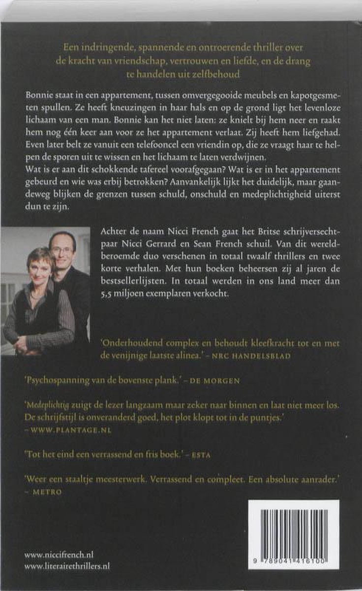 Achterkant van het boek "Medeplichtig" met een beschrijving en foto van Nicci French.