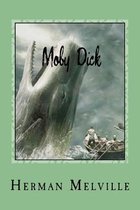 Boek kaft met de titel Moby Dick en de naam Herman Melville, met een afbeelding van een walvis die uit het water springt en een boot met mensen.
