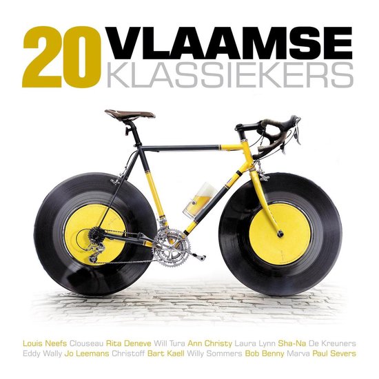 Een racefiets met wielen van vinylplaten. De fiets is geel met zwart, met een bruine zadel. Er hangt een glas bier aan het frame.