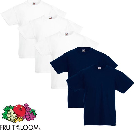 Fruit of the Loom Kinder t-shirts origineel wit/marineblauw maat 140 5 st