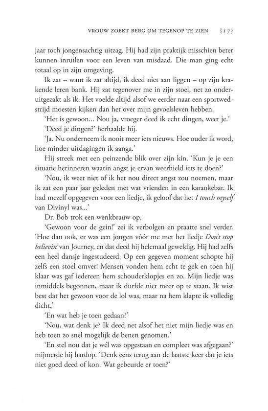 Pagina met tekst, met bovenaan 'Vrouw zoekt berg om tegenop te zien' en de naam Noelle Hancock.