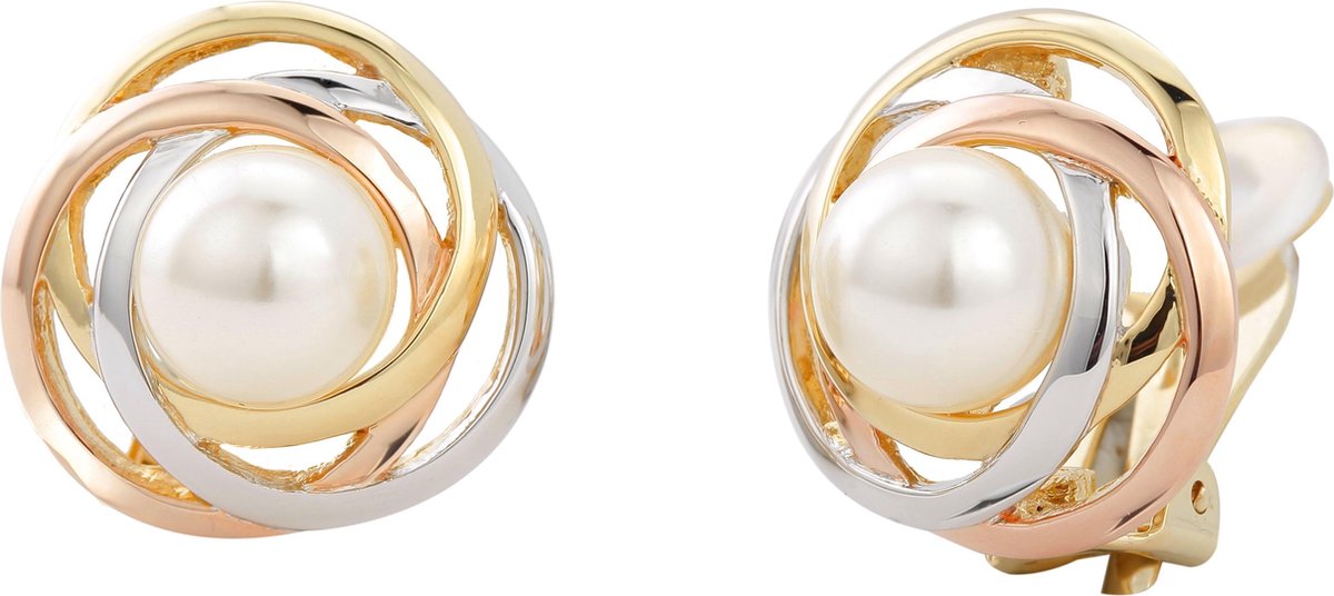 Traveller Clip Oorbellen - Oorclips Dames - Goudkleurig & Zilverkleurig & Roségoudkleurig - Parels - 10 mm - Crème - Tricolor - 113955