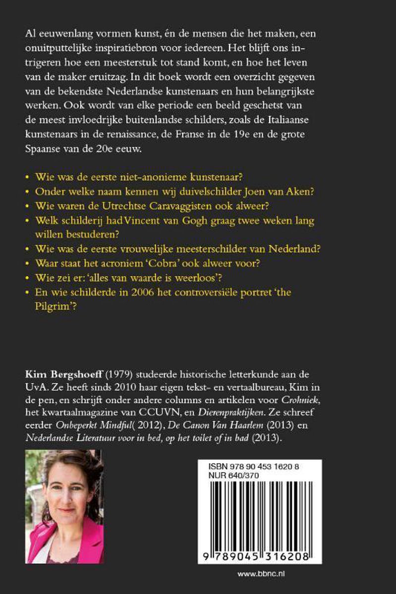 Achterkant boek met informatie over de inhoud en auteur Kim Bergshoeff, inclusief een foto van de auteur.