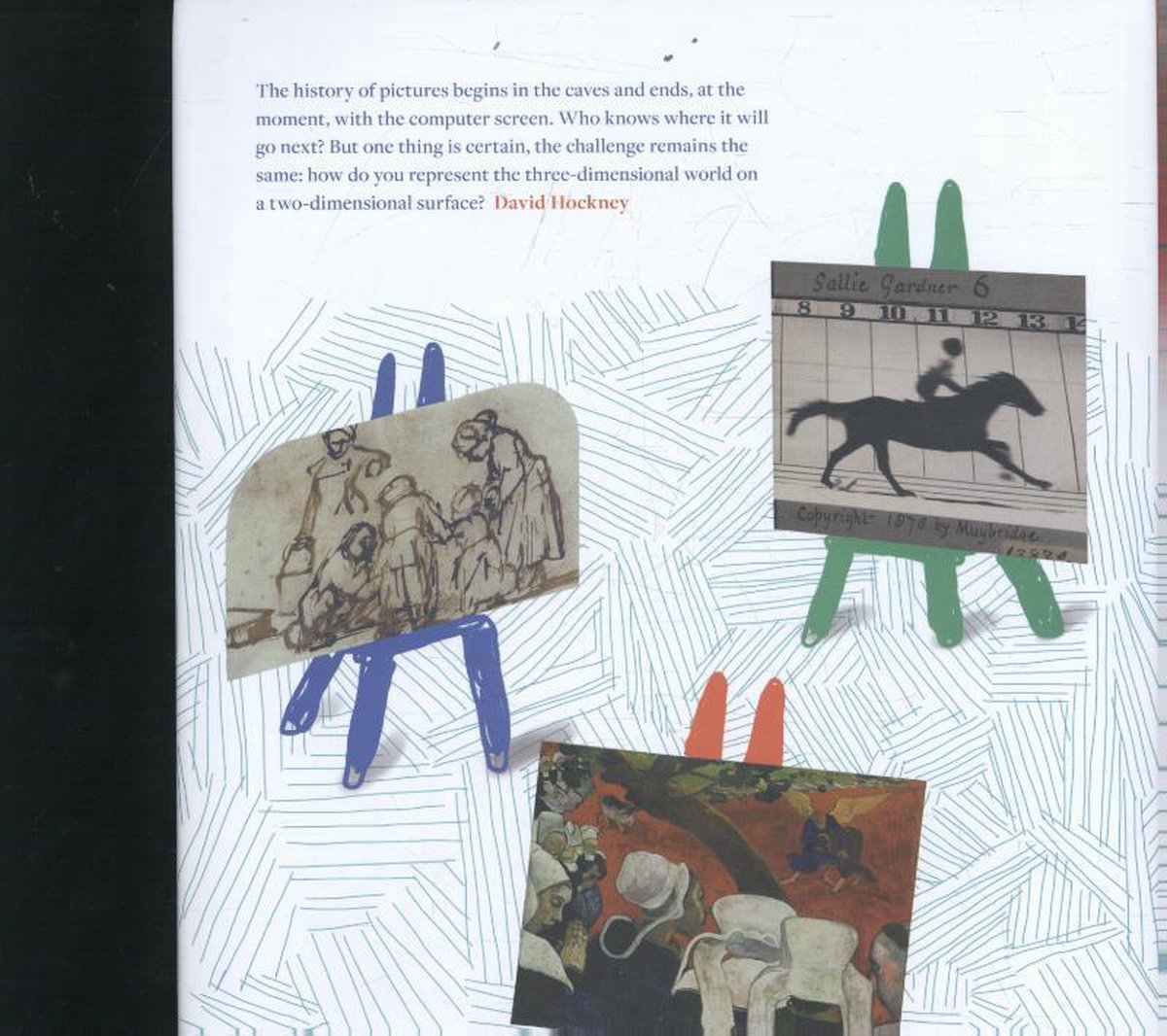 Een collage met kunstwerken, waaronder schilderijen en een foto van een renpaard.