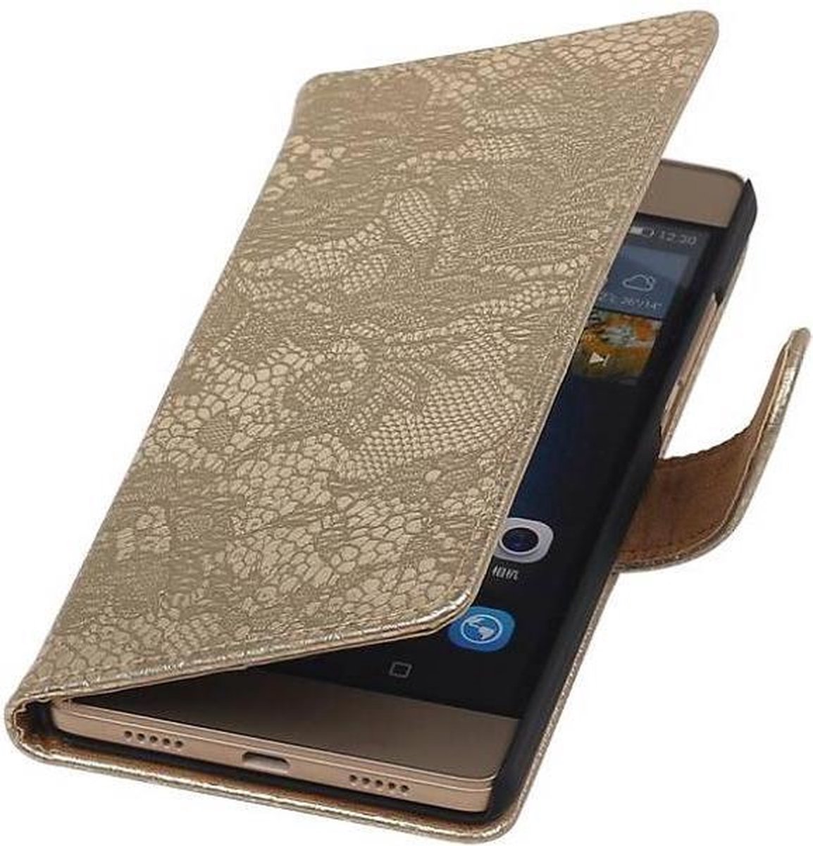 Lace Bookstyle Wallet Case Hoesjes Geschikt voor Huawei Ascend G610 Goud