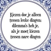 Tegeltje met Spreuk (Tegeltjeswijsheid): Kiezen doe je alleen tussen leuke dingen; dilemma's heb je, als je moet kiezen tussen nare dingen + Kado verpakking & Plakhanger