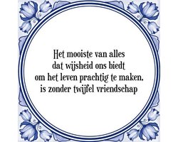 Tegeltje met Spreuk (Tegeltjeswijsheid): Het mooiste van alles dat wijsheid ons biedt om het leven prachtig te maken, is zonder twijfel vriendschap + Kado verpakking & Plakhanger