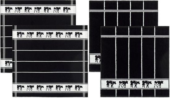DDDDD Theedoeken en Keukendoeken Set - Set van 4 - Katoen - Koeienprint - 60x 65 cm/50x55 cm - Zwart-Wit